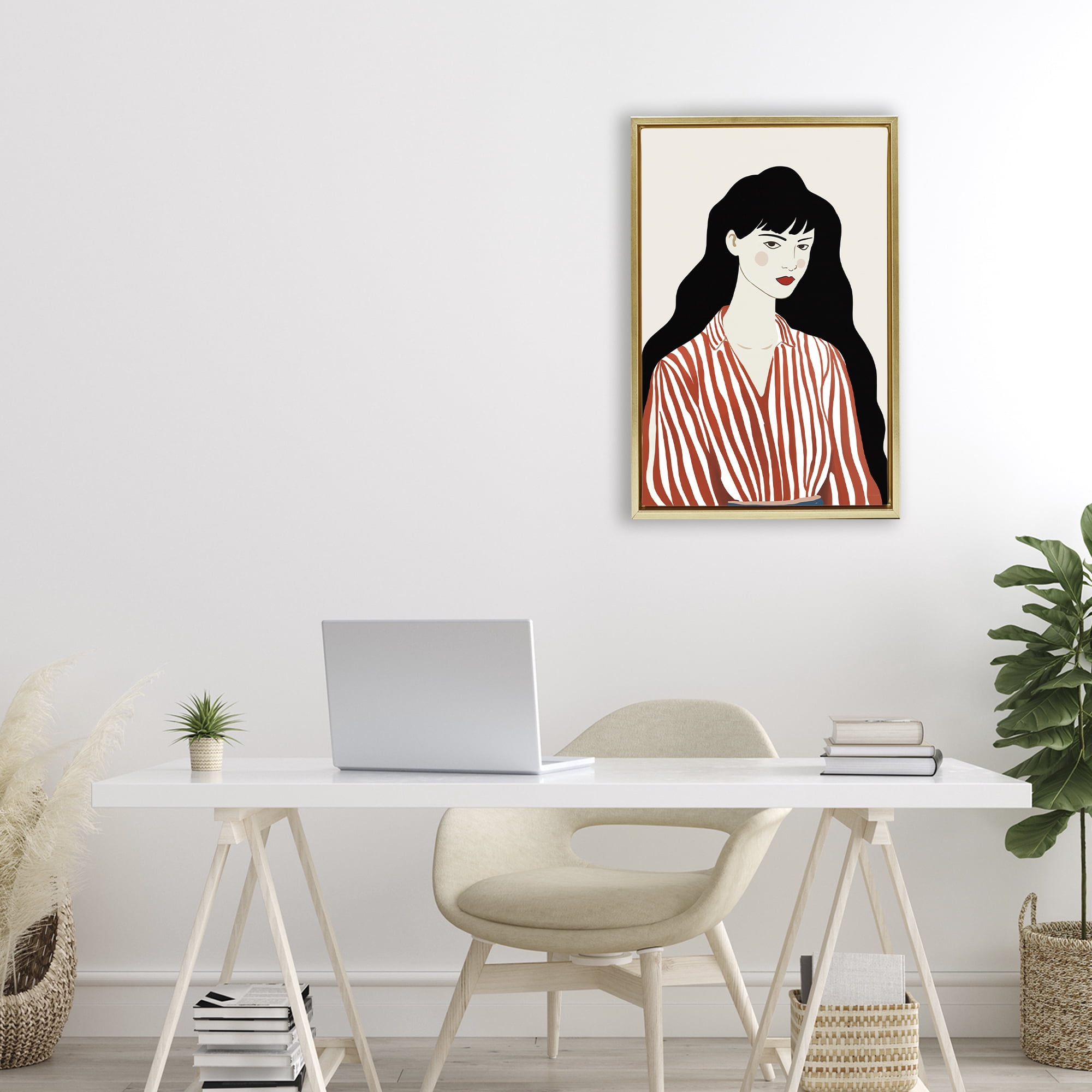 Stupell Industries Woman in Striped Blouse Gold Framed Floater Canvas Wall Art, design by Omar Escalante