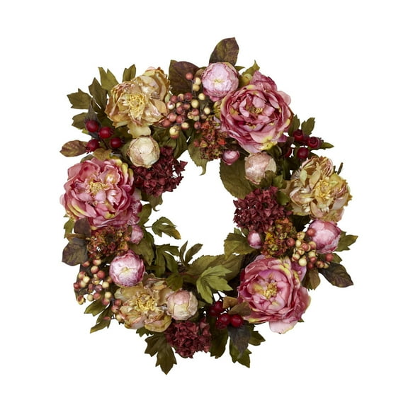 Nearly Natural 24" Peony Hydrangea Wreath - Red, Cream