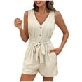 thumbnail image 2 of Mqqzkk Women's V Neck Jumpsuits Shorts Front Tie Belted Button Up Romper Sleeveless Short Jumpsuit Outfit 2025 Beach Vacation Clothes Khaki L, 2 of 6