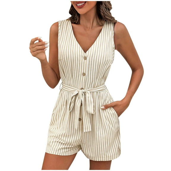 Women Sleeveless Jumpsuit Knee Length Short Pants Romper Loose Fit Summer V Neck Overalls Bowknot Tie Waist Jumpsuits With Pockets 2025 Clothes