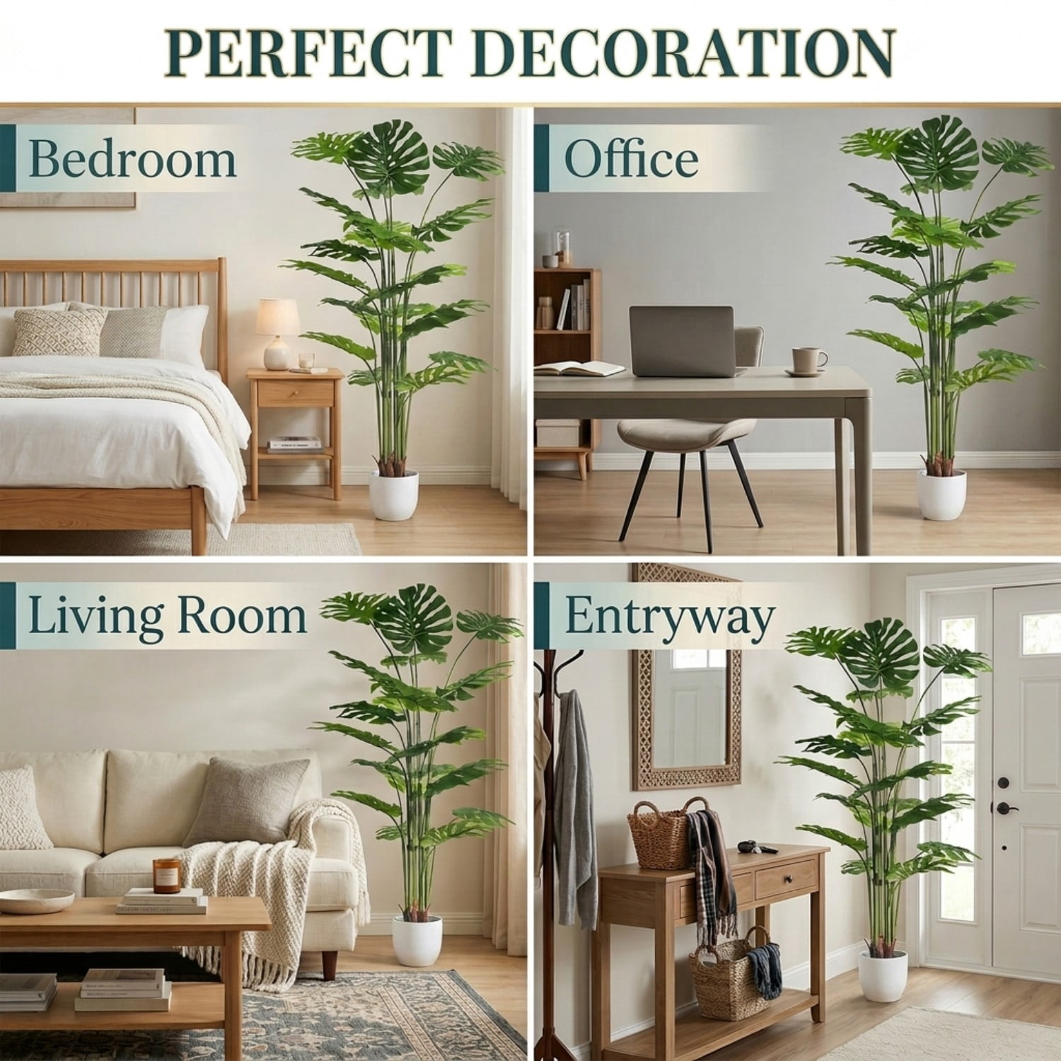 BEAUTYPEAK 6.6FT Artificial Plant Fake Indoor Monstera Plant Decorative Outdoor Greenery in White Pot