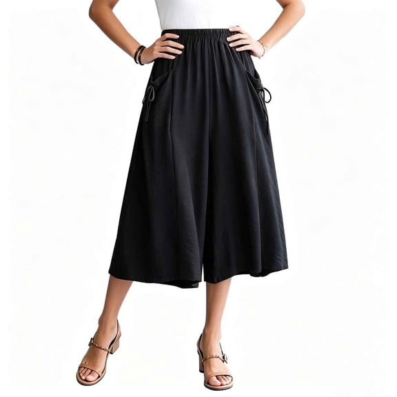 Tbopshirt Capri Pants for Women Plus Size Solid Color Elastic Waist Wide-Leg Skirt Pants Casual Cropped Pants,M-5XL