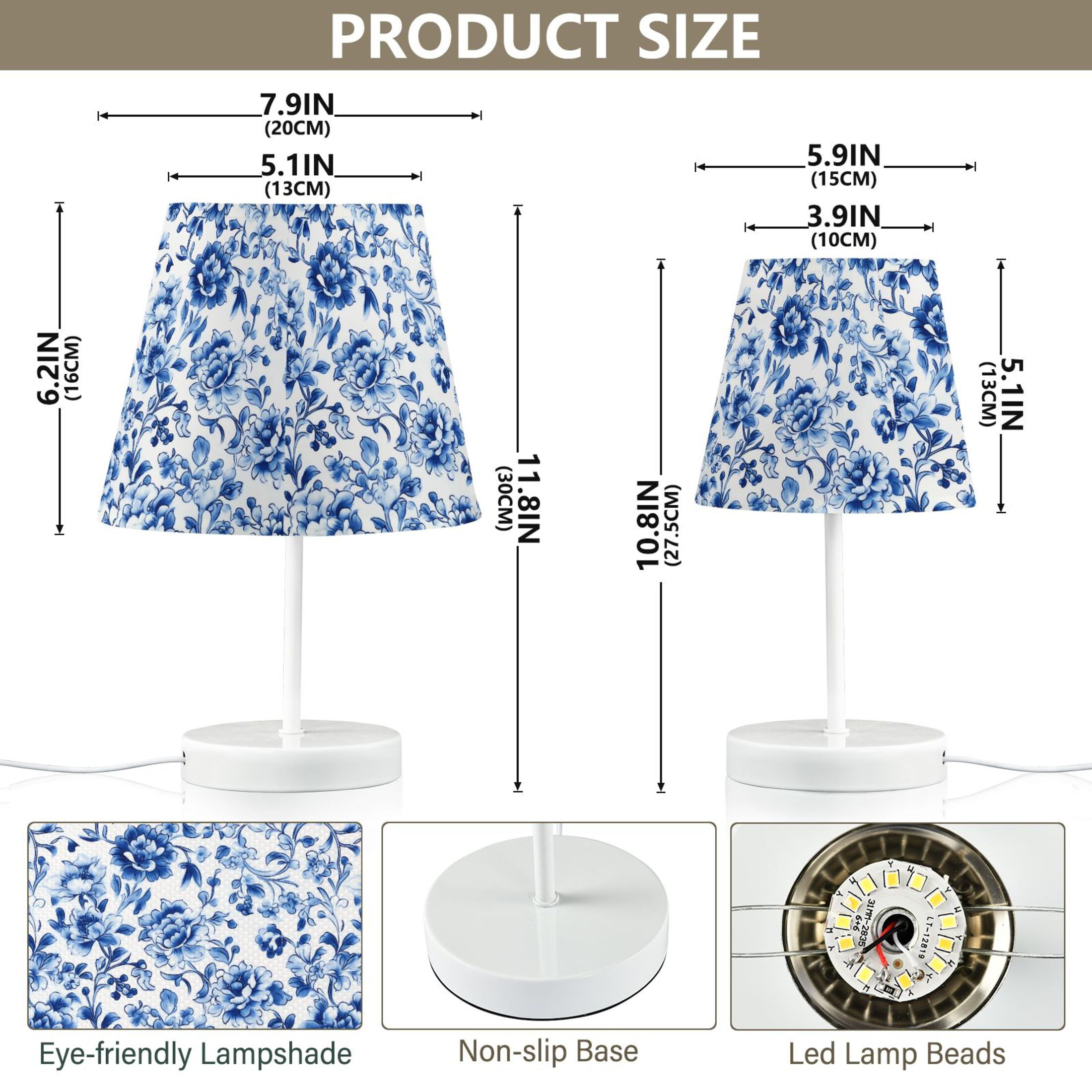 LED Desk Lamp Blue and White Porcelain Floral Table Nightstand Lamps with 3 Color Temperatures for Home Bedroom Living Room Decor 8x12