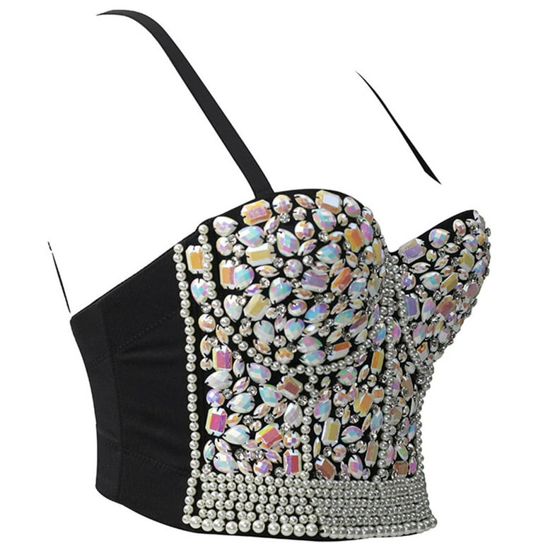 Womens Colorful for Rhinestone Push Up Bra Bustier Imitation Pearl Beaded  Underwire Camisole Sexy Punk Party Clubwear Corset Crop Top Bralette