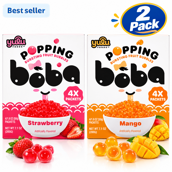 Yulu Foods Popping Boba Pearls Variety Pack, Mango & Strawberry, Net Wt 7.1 oz Each, 2 Pack