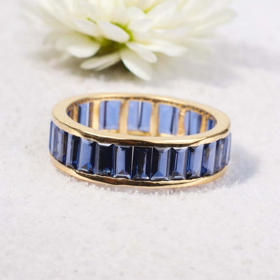 Blue Sapphire Band Yellow Gold Plated Wedding Jewelry September Birthstone Customized Ring Baguette Cut Gemstone Ring