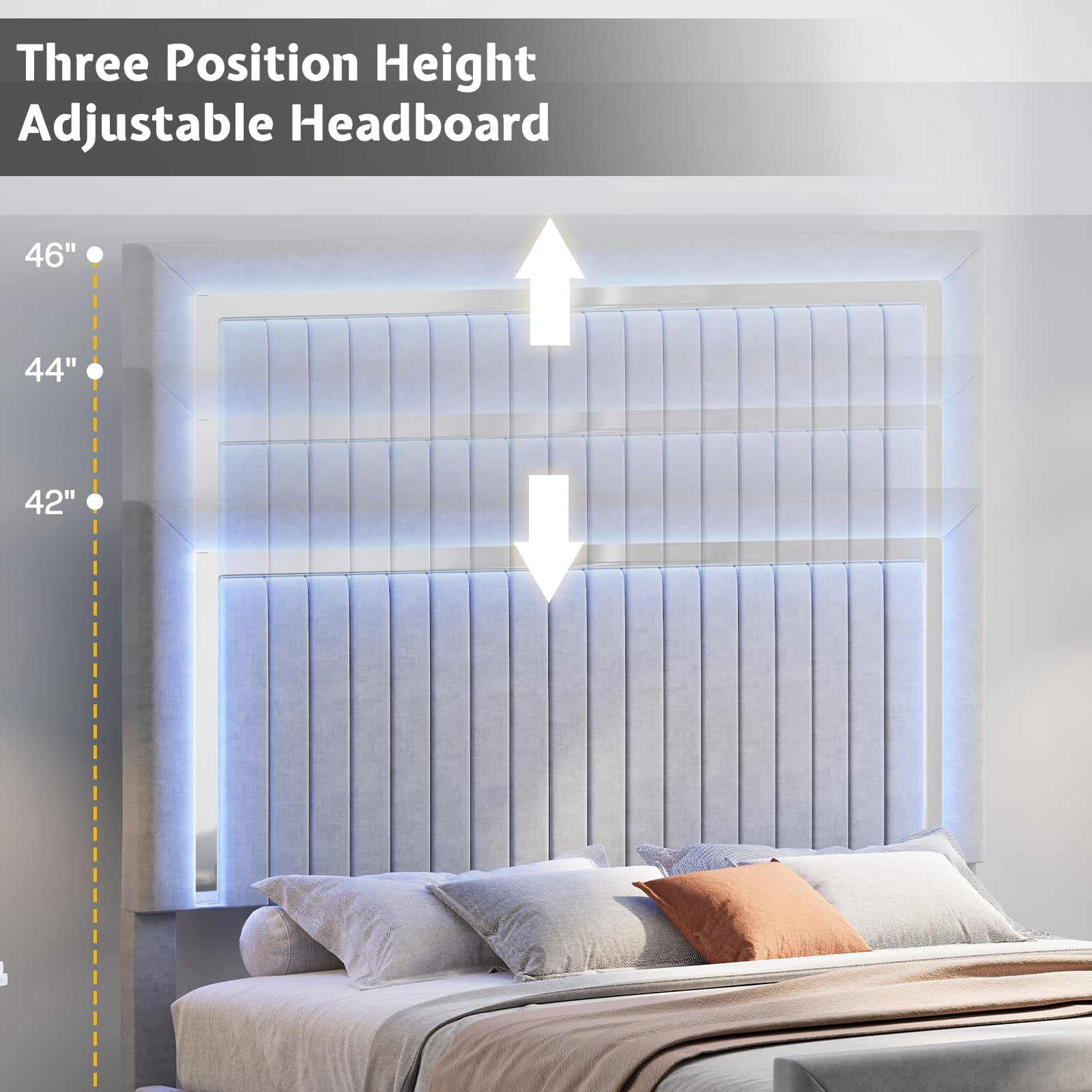 Merluxy Upholstered Platform King Size LED Bed Frame with 4 Storage Drawers, Adjustable Headboard with Vertical Channel Design, Light Grey