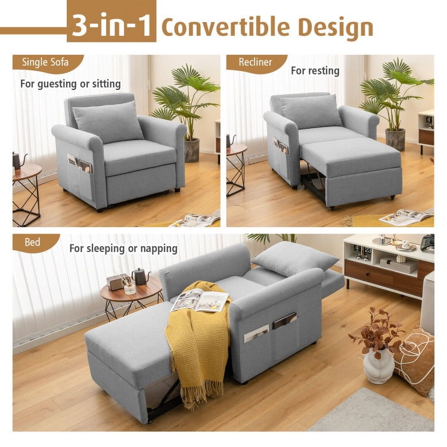 Demi Bonn Sofa Bed, Convertible Recliner Sofa Chair, 3-in-1 Pull-out Convertible Adjustable Reclining Sofa Bed, for Living Room, Bedroom, Gray