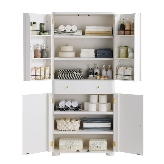IFGET 71" Tall Bathroom Storage Cabinet, with Drawer and 4 Doors, Modern Curved Bathroom Cabinet for Small Spaces, White