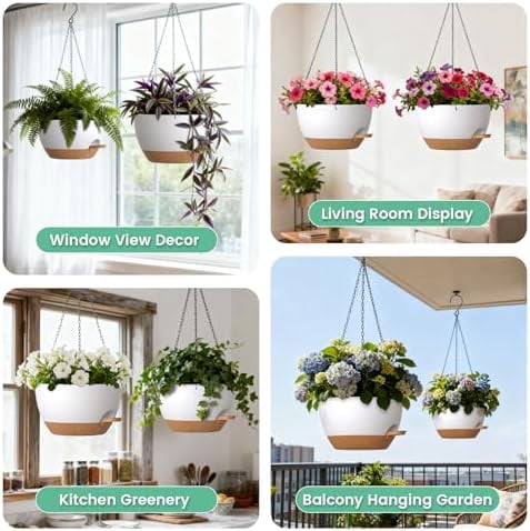 Large Self Watering Hanging Planters for Indoor Outdoor Plants, 13 Inch 2 Pack, Hanging Plant Pots with Removable 50 Oz Reservoir, Plastic Hanging Basket for Window, Porch, Garden