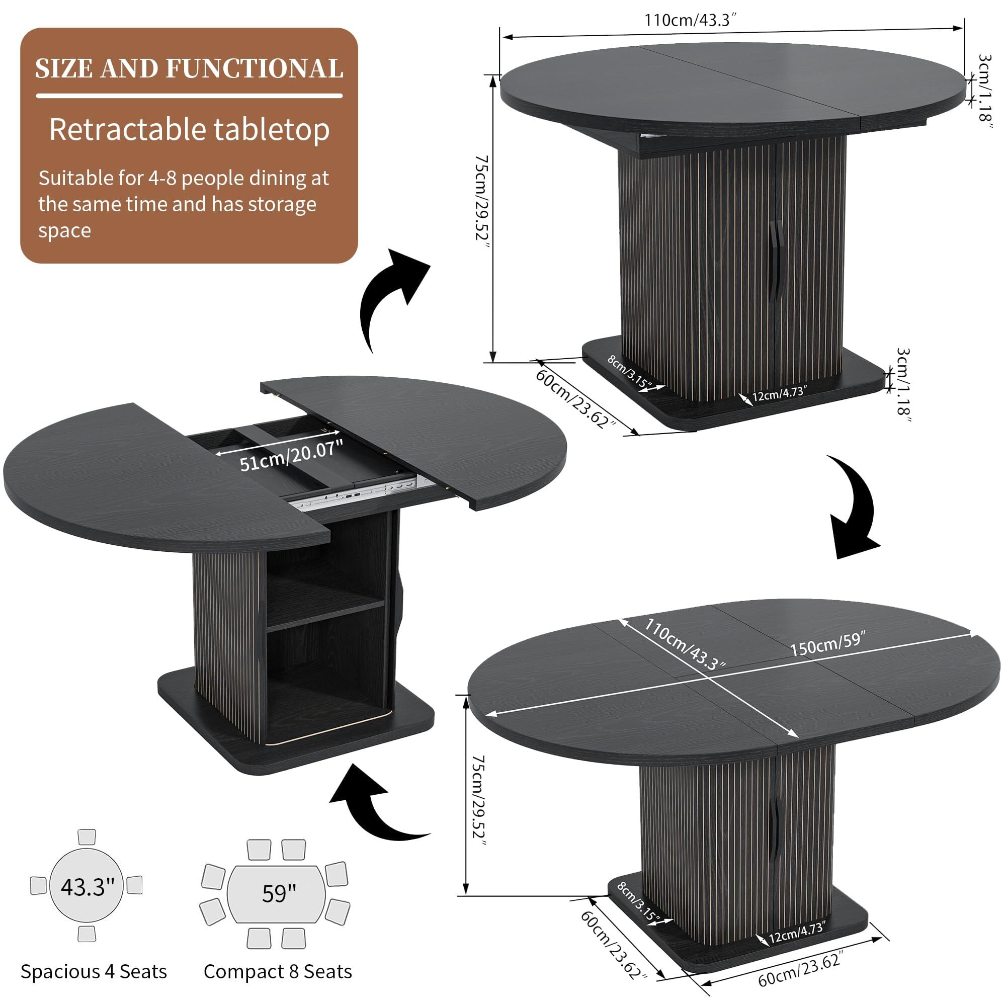 Extendable Round Dining Table for 4–8, 59" Modern Kitchen Table with Storage & Fluted Wood Sliding Door, Black