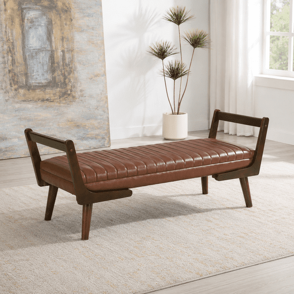 QianYueLUX 52" Upholstered Bench, Brown Faux Leather, Walnut Legs