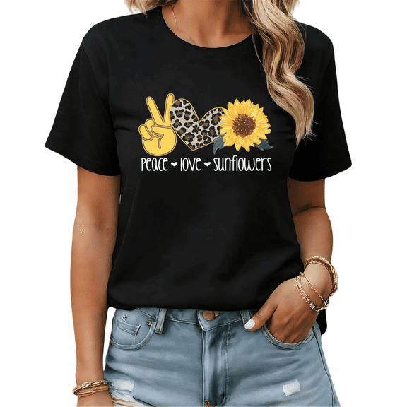 Peace Love Sunflowers Leopard Heart Graphic Tees Womans T-shirt Black/White S-5XL Shirts Floral Boho Tops
