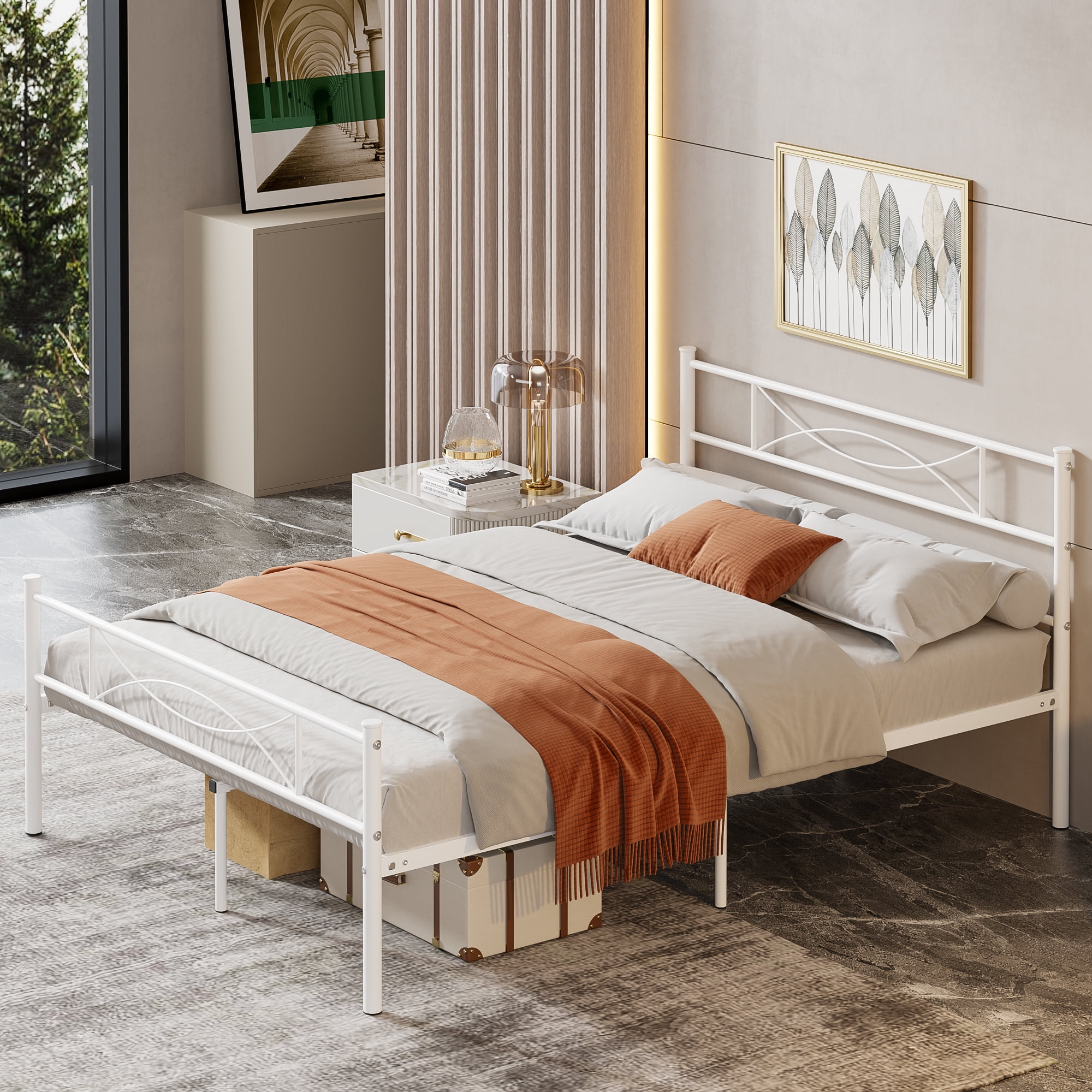 Yoneston Queen Size Metal Bed Frame with Headboard and Footboard Heavy Duty Bed for Bedroom, White