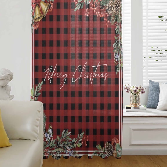 Christmas Semi Sheer Curtains Drapes for Living Room, Bedroom, French Doors Window 84 Inches Long, Pine Cones Botanical Xmas Red Black Plaid Rod Pocket Chiffon Curtain Drapery Voile Draperies Panel