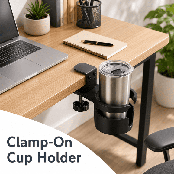 MORAVE Black Clamp-On Desk Cup Holder, Rotatable Anti-Spill Drink Stand for Water Bottle and Coffee Mug, Storage Accessory for Home, Office and School
