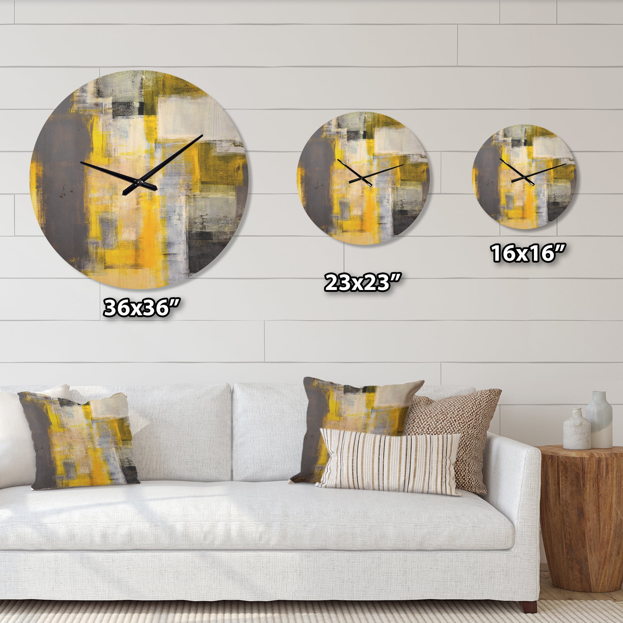 Designart 'Yellow and Grey Abstract ' Modern Wood Wall Clock