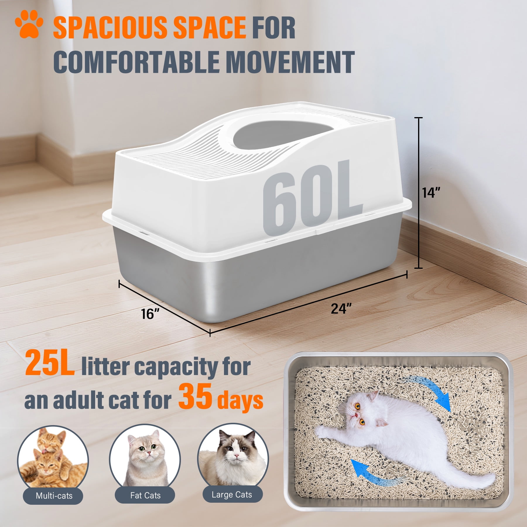 Kettnjoy Top Entry Cat Litter Box with Lid, Stainless Steel XL Enclosed Cat Kitty Litterbox, Extra Large Metal High Side Litter Pan Tray Box Enclosure Easy Cleaning Anti-Leakage, White