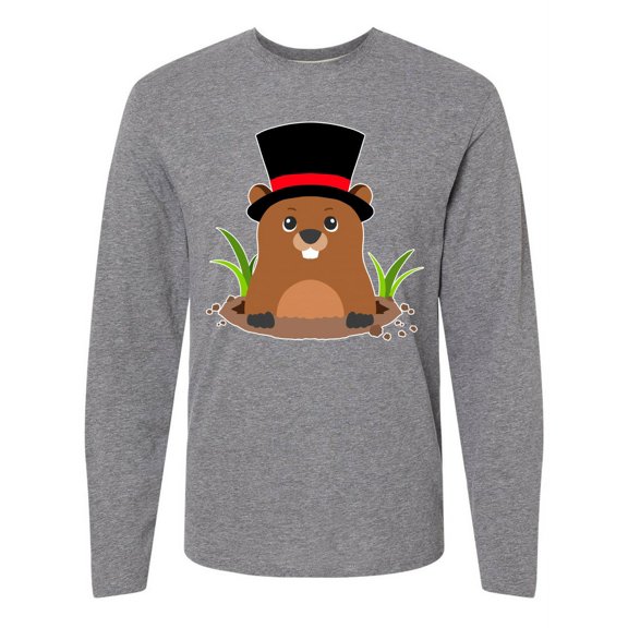 Inktastic Groundhog Day with Groundhog in Top Hat Long Sleeve T-Shirt