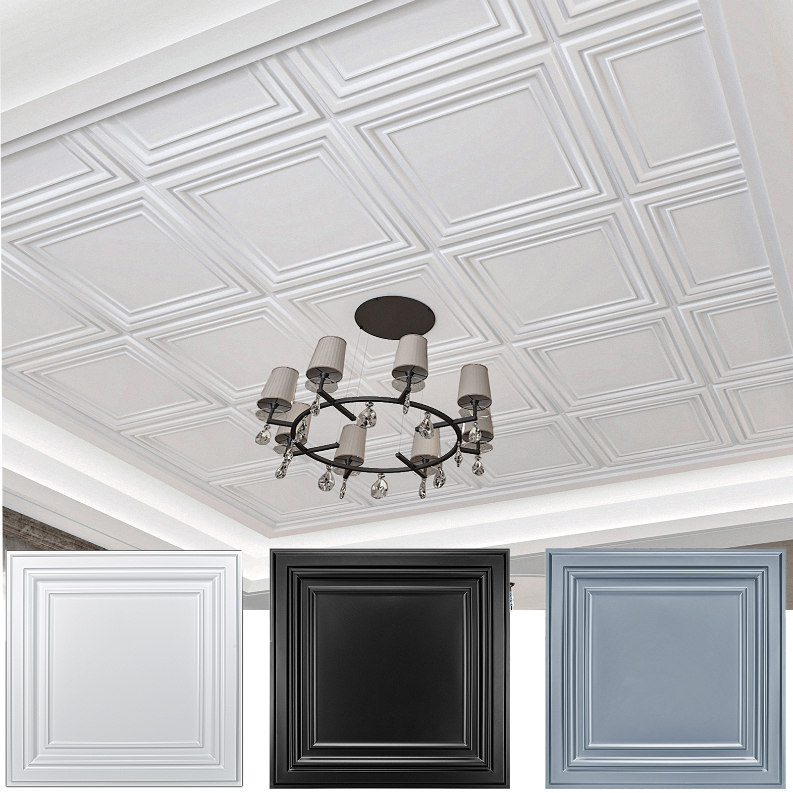 Art3d 12-Pack 24"X24" Ceiling Tiles Plastic Sheet in Black, Covering 48 sq.ft-Wireframe Texture Design