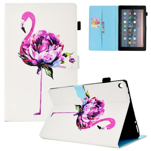 Fire HD 10 Case 2017/2015 for Girls, Allytech Slim Fit Smart Cover w/ Auto Sleep Wake Feature Protective Cards Holder Folio Stand Wallet Case Cover for Amazon Fire HD 10 7th 5th Gen, Flamingo