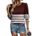thumbnail image 2 of Olyvenn 3/4 Sleeve Shirts for Women Trendy Pleated Crew Neck Tunic Tops Loose Casual Striped Summer Dressy Blouses Wine L, 2 of 8