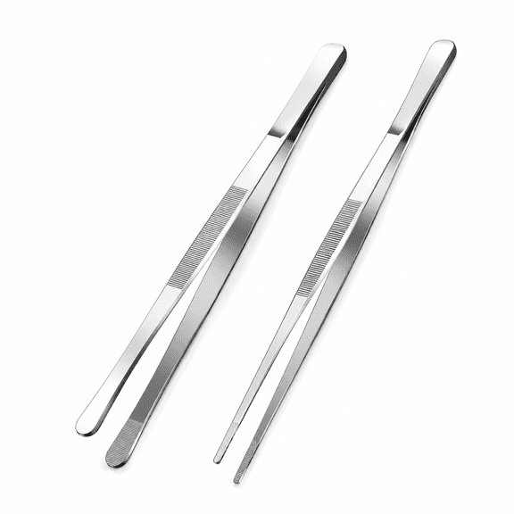 Geeopuk Kitchen Tweezers 2 Pack, 12 Inch Extra Long Stainless Steel Cooking Tweezers, Wide Round Tip & Narrow Straight Tip Food Tongs for Plating, BBQ, Grilling and Serving