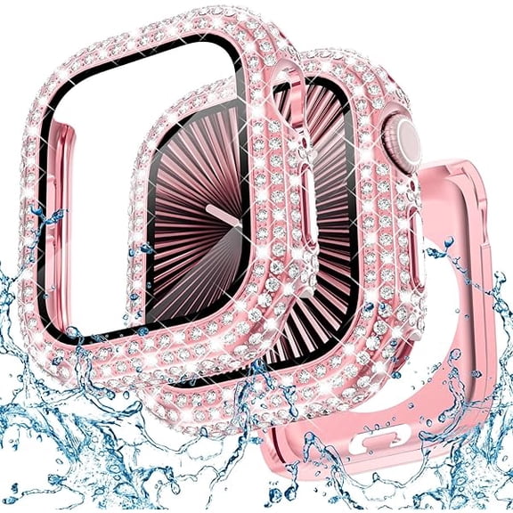 wonima01  2-in-1 Waterproof Bling Case for Apple Watch 44mm Screen Protector Case SE 3/2/1 Series 6 5 4, Diamond Protective Face Cover Apple Watch 44 mm iWatch Crystal Rhinestone Bumper Women, Pink