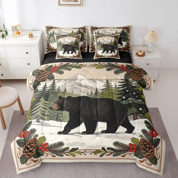Manfei Winter Bear 7-Piece Twin Bedding,Wild Woodland Print Bedding Comforter Set,Green,Black Reversible