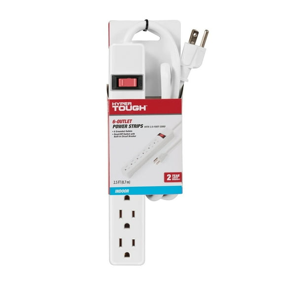 Hyper Tough 6-Outlet Power Stríp with 2.5-Foot Cord , White,15A,125V-60Hz