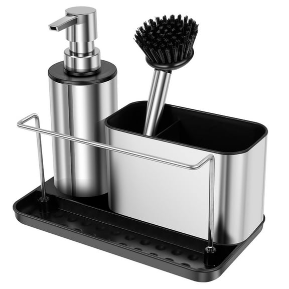 Kitchen Detergent Dispenser Stainless Steel Set with Brush Soap Dispenser and Sponge Holder Divided Storage Design for Galley