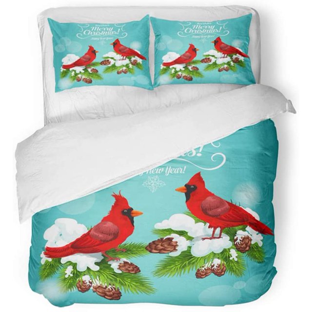 ABPHQTO Juego de ropa de cama de 3 piezas, pájaro cardenal navideño, vacaciones de invierno, rojo sentado en una rama de pino nevado con conos, funda nórdica con 2 fundas de almohada