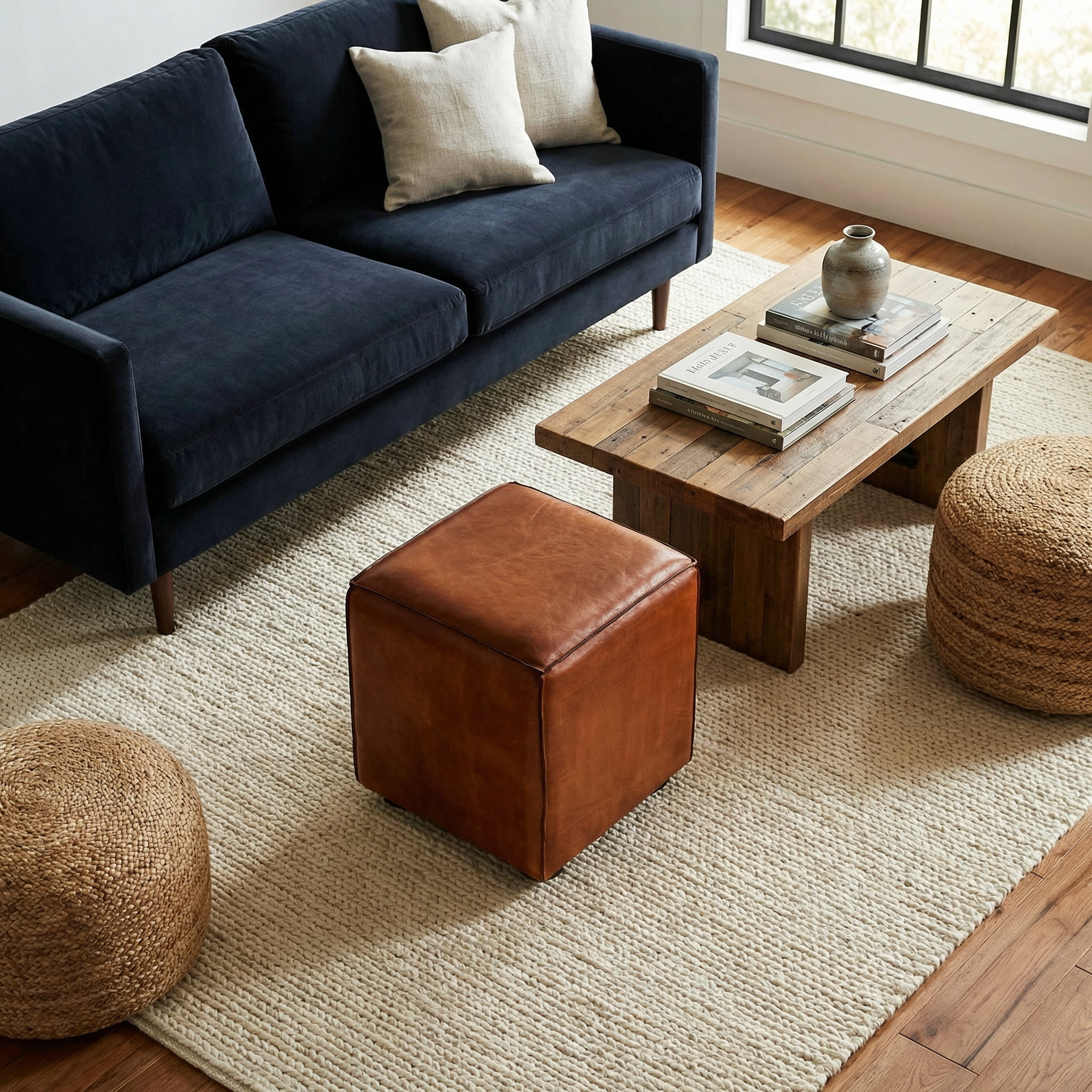 Bare Decor Sands Genuine Leather Cube Ottoman, Saddle Brown