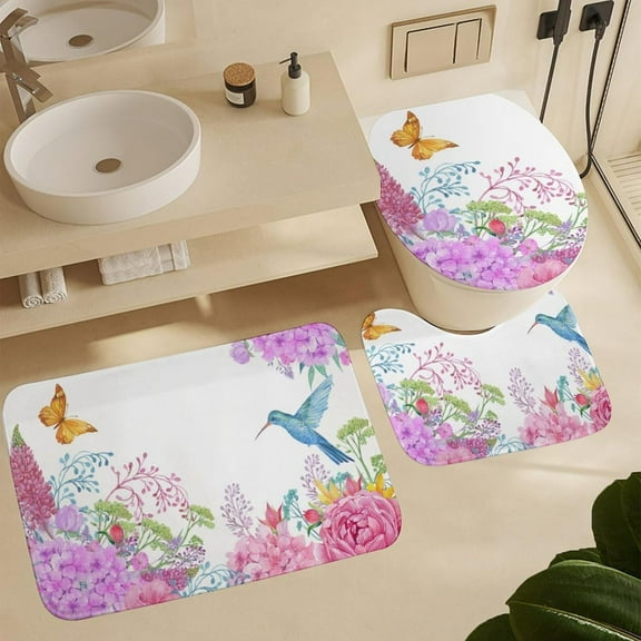 Hummingbird Flowers Bathroom Rugs Sets 3 Piece Non-Slip Spring Butterfly Bath Mat Toilet Seat Cover and Rug Set Absorbent Bathroom Decor Sets for Bathroom Floor 16"x24"