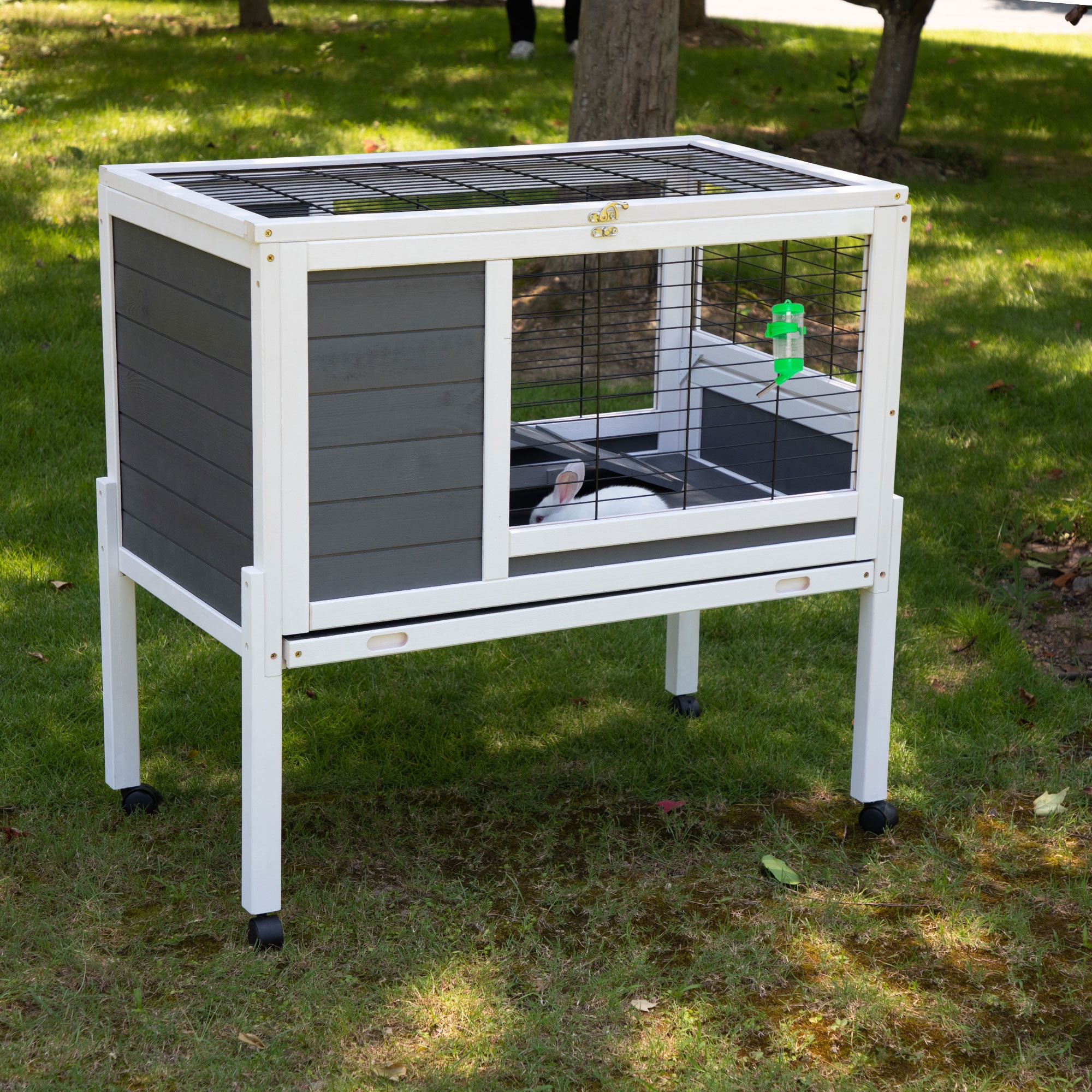 Pefilos 36 Inch Rabbit Hutch for Indoor Bunny Cage Wooden Guinea Pig House with Wire Floor, Wheels, Leak-Proof Tray, Gray Pefilos 36 Inch Rabbit Hutch for Indoor Bunny Cage Wooden Guinea Pig House with Wire Floor, Wheels, Leak-Proof Tray, Gray