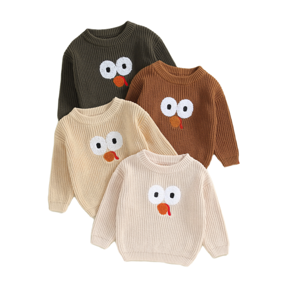 Baby Sweetie Toddler Girls Boys Thanksgiving Clothes Turkey Embroidery Long Sleeve Knit Sweatshirt Fall Winter Pullover