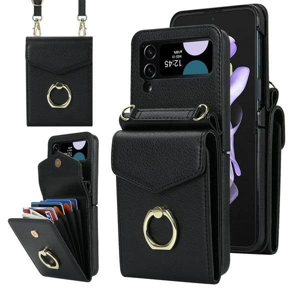Fashion leather wallet phone case suitable for Samsung Z flip3, lanyard and card holder