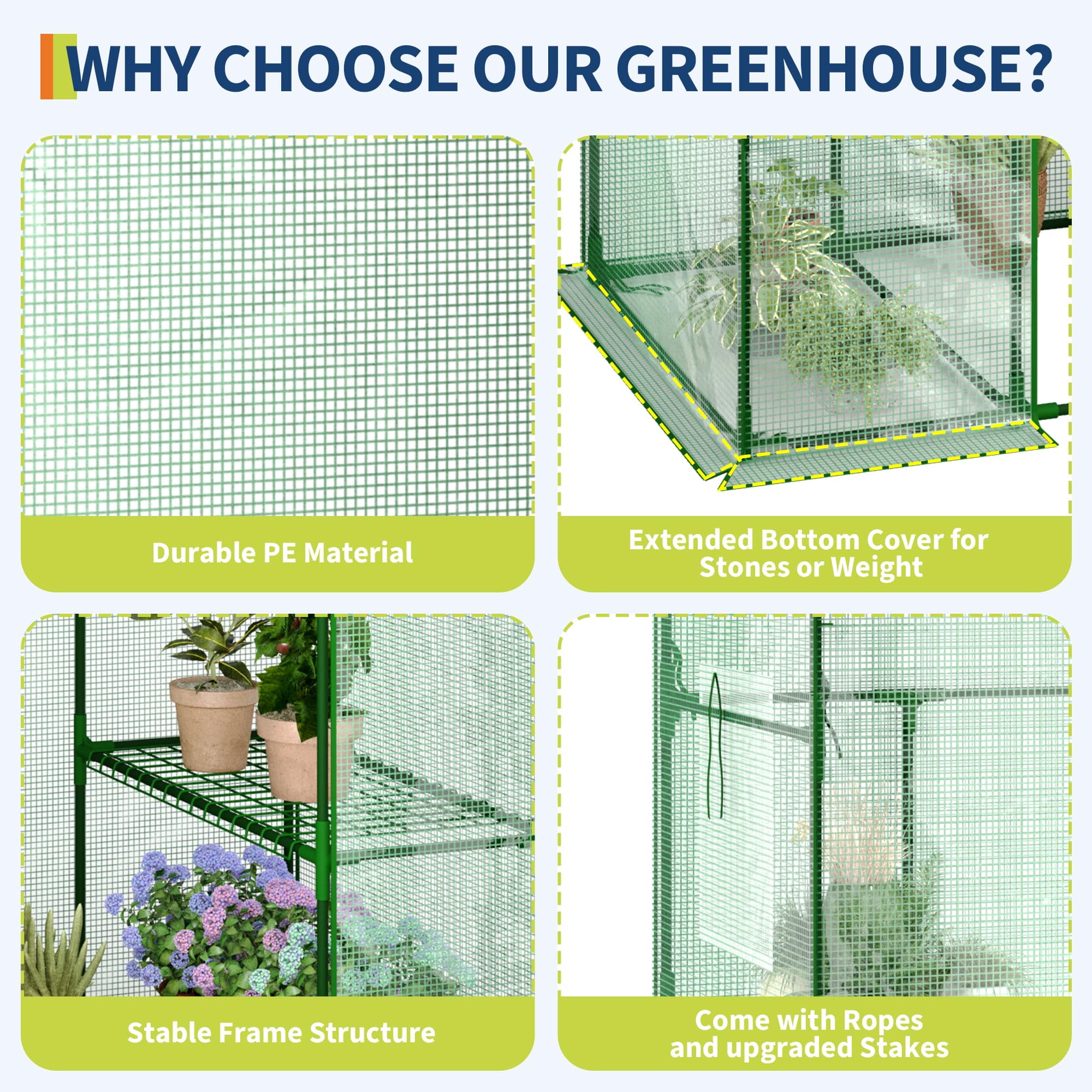 57x29x77-Inch Mini Walk-in Greenhouse, Transparent PE Cover with Anchor, 3-Tier Design, 4 Shelves for Indoor and Outdoor Planting