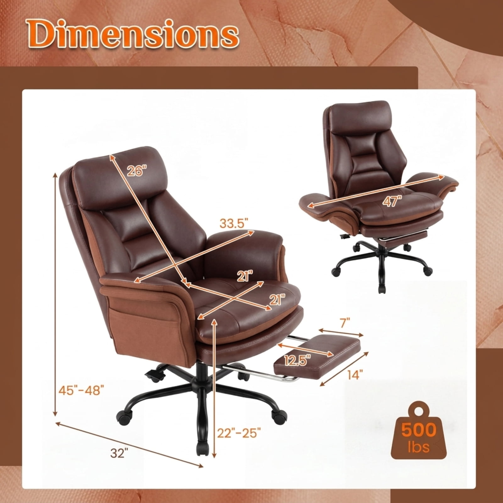Furnibear Big and Tall Ergonomic Office Chair 400 lbs High Back Wide Faux Leather Computer Chair with Retractable Footrest, Brown