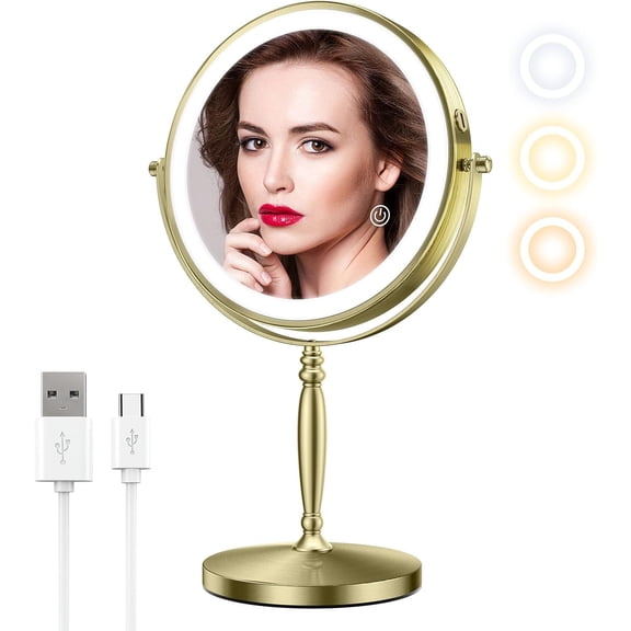 GALAPROX 8'' Makeup Mirror with Lights, 1X/10X Magnifying Tabletop Mirror-Brushed Gold