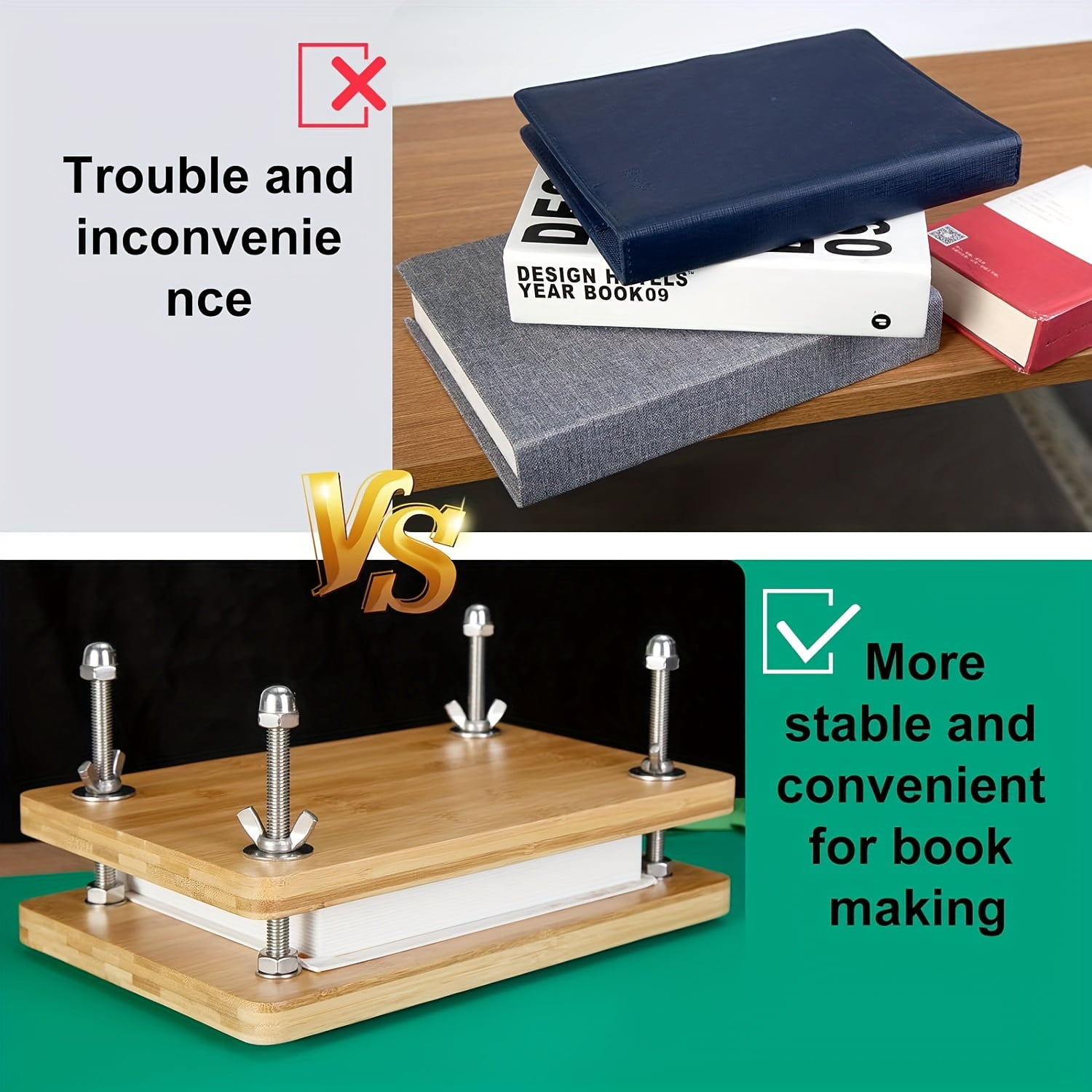 Book Press Bookbinding Kit,DIY Bamboo Wood Book Binding Starter Tools with Rulers,Bone Folder,Brush,Curved Needles,Thread for Beginners 11.6*8 Inch