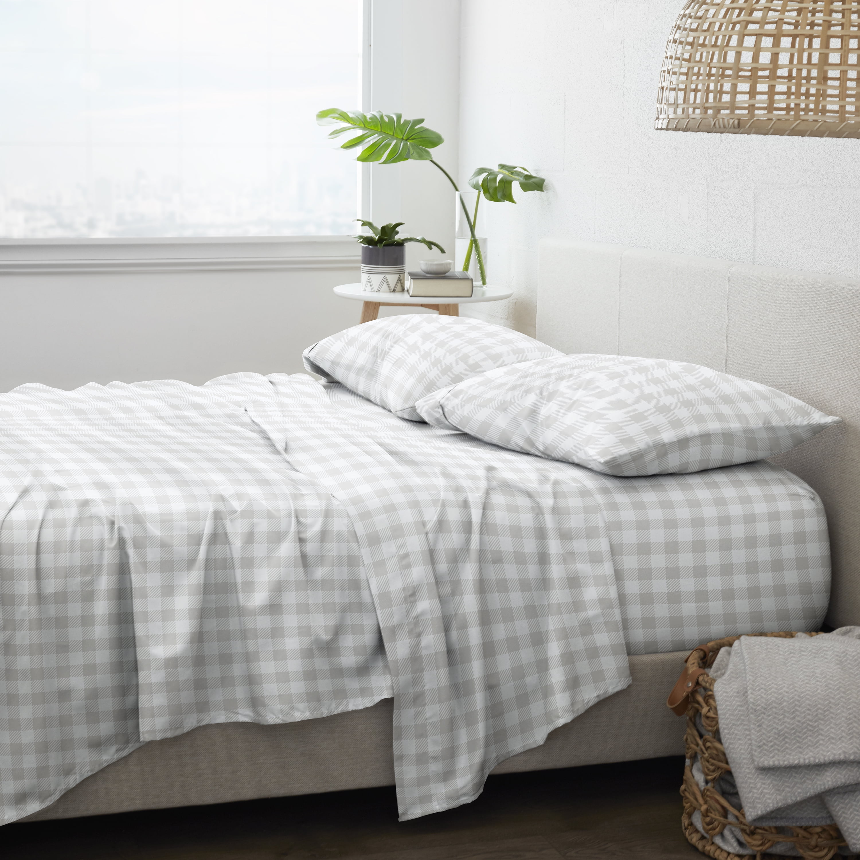 Noble Linens 4 Piece Pattern Microfiber Bed Sheets Set, Light Gray Country Plaid, Full