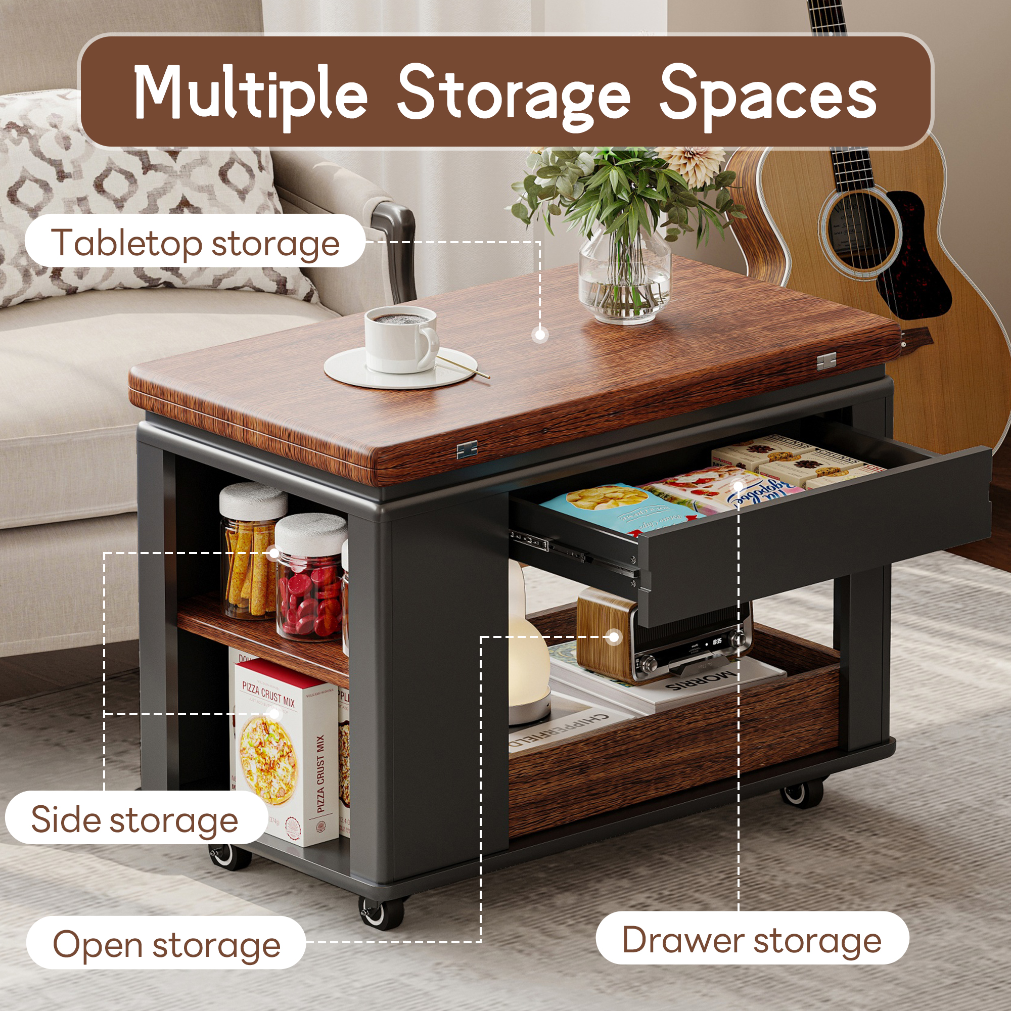Euroco 27.6'' Modern Multi-Function Coffee Table/Side Table with Foldable Top & Casters, Multi-tier storage, Black & Walnut