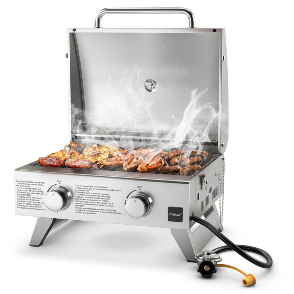 Spaco Stainless Steel Propane Grill with Lid for Outdoor Camping Tailgating Picnic Party-Silver, Camp Stove for Outdoor Cooking
