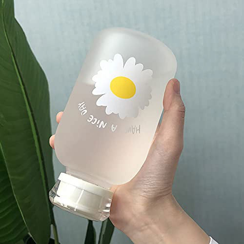  JZSMY 480ml Milk Juice Cute Water Bottle with Scale 2 Lids  Little daisy Matte Portable Transparent Water Cup Glass Bottles Creative  Handy Cup with Straw and Straw Plug (Matte 4 Flowers) 