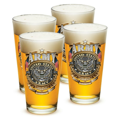 Pint Glasses – Armed Forces Gifts for Men or Women – Army Men American Beer Glassware – Army Gold Shield Beer Glasses with Logo - Set of 4 (16