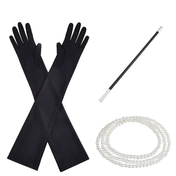 Accesorios para disfraces de los años 20, collar largo con cuentas de perlas, cadena y guantes negros, juego de boquillas para cigarrillos.