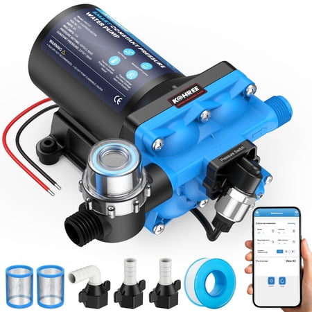 Kohree 12V DC Smart Constant Pressure Water Pump with APP Control, 5.5 GPM 45 PSI 9.8Ft Self-Priming RV Water Pump, Variable Speed On-Demand 4-Chamber Diaphragm Pump, for Marine, Yacht, Camper