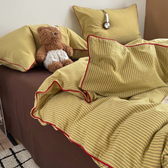 Namzi Pure Cotton Duvet Cover Set Yellow 80 Count Striped Piping Soft Dyed Cozy 4 Pc Flat Sheet 78.74x90.55In,90.55x90.55In,29.13x18.90In