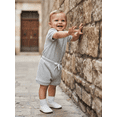 thumbnail image 4 of BemeyourBBs Newborn Baby Boys Summer Clothes Infant Boys 2 Pieces Outfit Waffle Knit Short Sleeve Solid Color Romper and Drawstring Shorts Set, 4 of 9